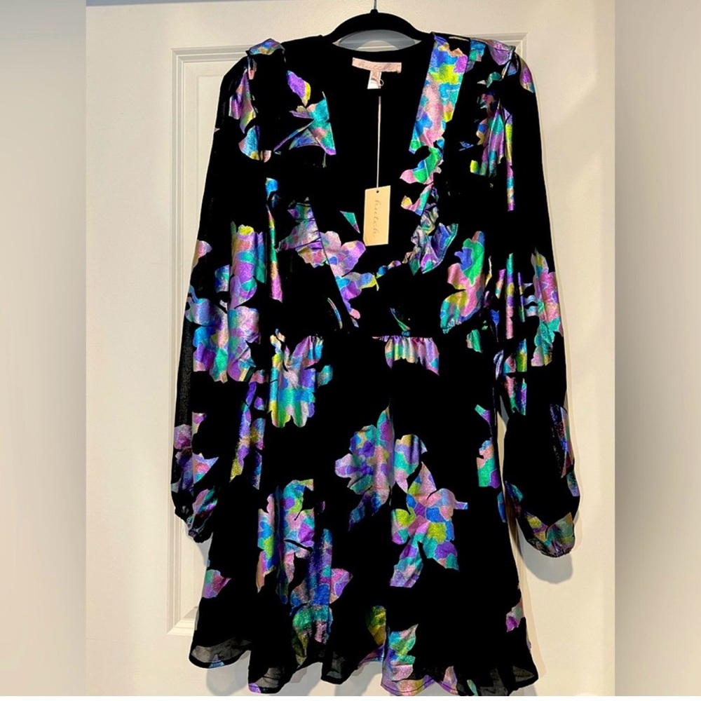 Anthropologie Hutch Black Dress with Iridescent Floral Accent Sheer Sleeves NWT